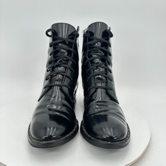 Freda Salvador Women Size 7.5 Black Patent Leather Plain Toe Lace Up Ankle Boot - Picture 2 of 11